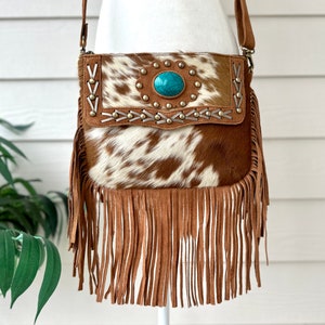 Cowhide Crossbody Purse Western Bag with Fringes Turquoise Handbag Clutch Brown Tan Leather Rodeo Cowgirl Gifts for Her