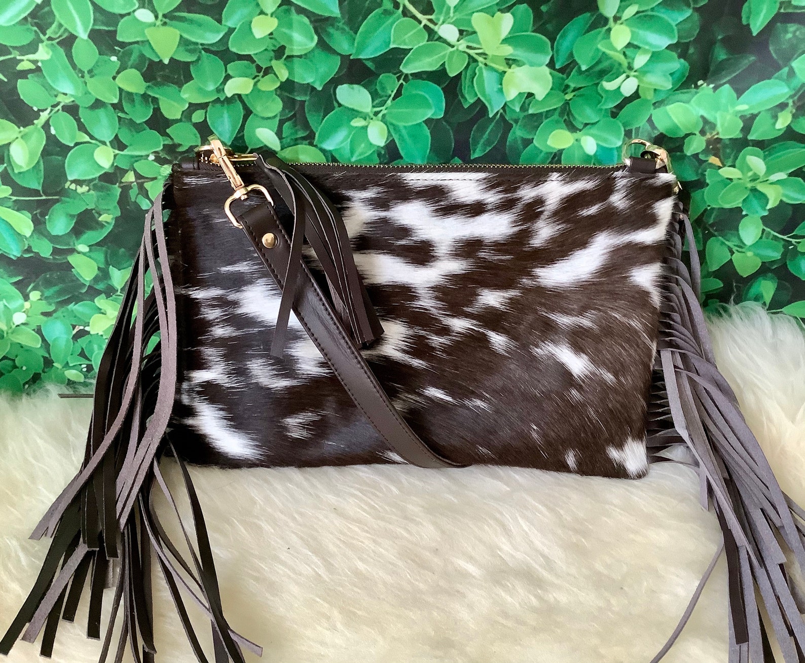 Cowhide Crossbody Purse With Fringe Handbag Wallet Clutch Dark Etsy