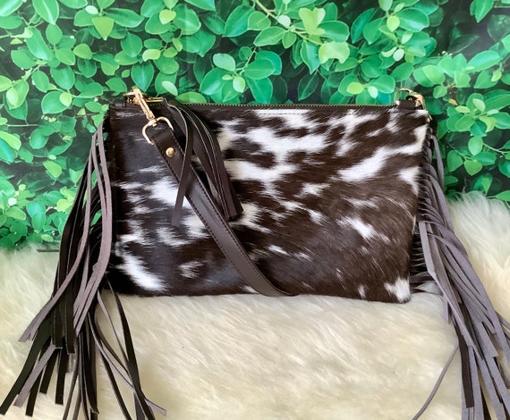 cow print purse with fringe