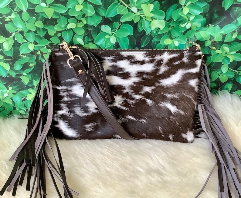 Cowhide Crossbody Purse With Fringe Handbag Wallet Clutch Dark Etsy