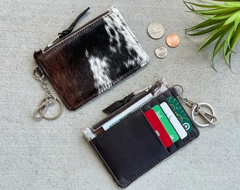 Cowhide Leather Keychain Western Wallet Credit Card Holder Case Change Coin Purse Cowgirl Rodeo Gifts for Her