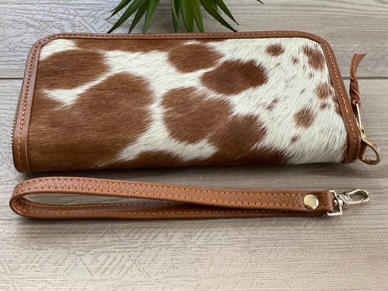 Western Cowhide Zip Wallet for Women Tan Leather