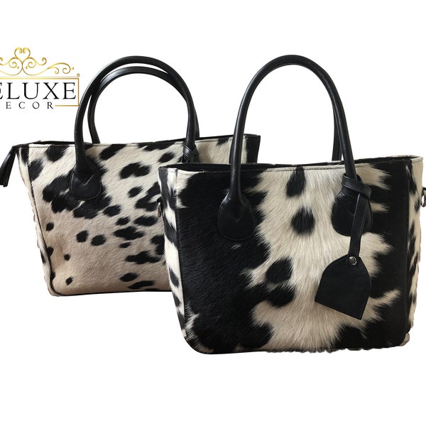 Real Cowhide Handbag Purse Tote Shoulder Bag Black White Leather Lined Double Sided Fur Medium Large