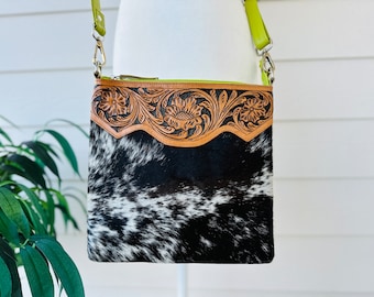 Cowhide Crossbody Purse Tooled Leather Clutch Messenger Bag Western Handbag  Brown Lime Green Real Cow Print | Gifts for Her