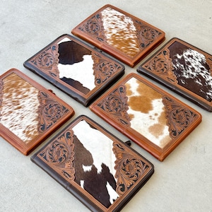 Real Hair on Cowhide Hand Tooled Leather Folio Case Portfolio Organizer in Dark Brown Western Corporate Gifts