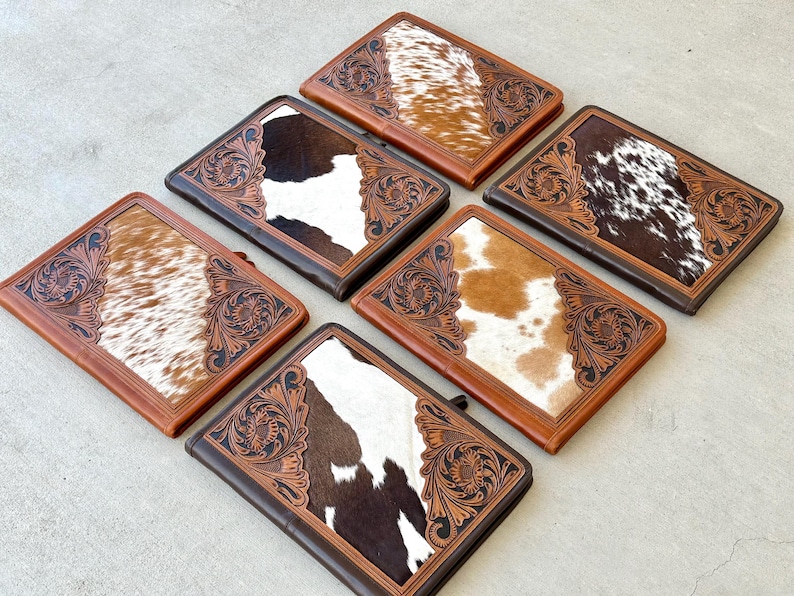 Real Hair on Cowhide Hand Tooled Leather Folio Case Portfolio Organizer in Dark Brown Western Corporate Gifts