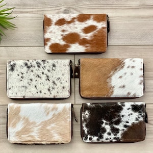 Cartera de piel de vaca estilo rodeo para mujer, de piel auténtica, con cremallera, estilo continental, tarjetero, regalo de vaquera.