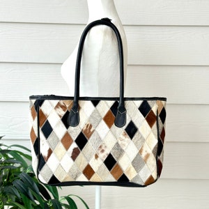 Echtes Rindsleder Patchwork Leder Handtasche Henkeltasche Schultertasche Laptoptasche Schultertasche Kuhfell Fell Print - Large