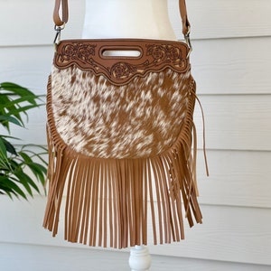 Cowhide Crossbody Purse Handbag Clutch with Fringe Messenger Real Cow Skin Fur Western Tooled Leather Gifts for Her