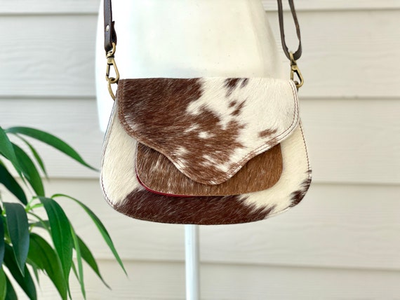 Western Cowhide Leather Crossbody Purse Bag Handbag Tan Brown Black Fur Real Cow Hide Print - Gifts for her
