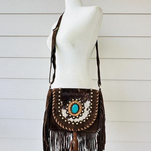 Cowhide Bag Rodeo Crossbody Purse Turquoise & Fringe Western Handbag