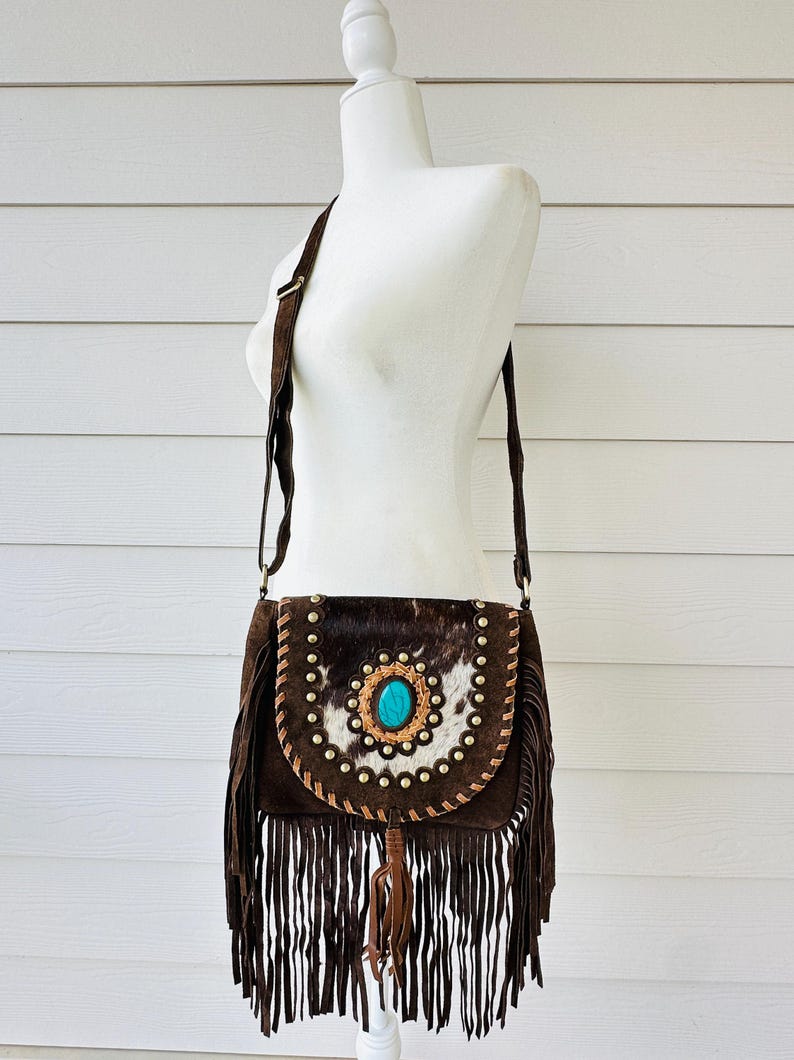 Cowhide Bag Rodeo Crossbody Purse Turquoise & Fringe Western Handbag