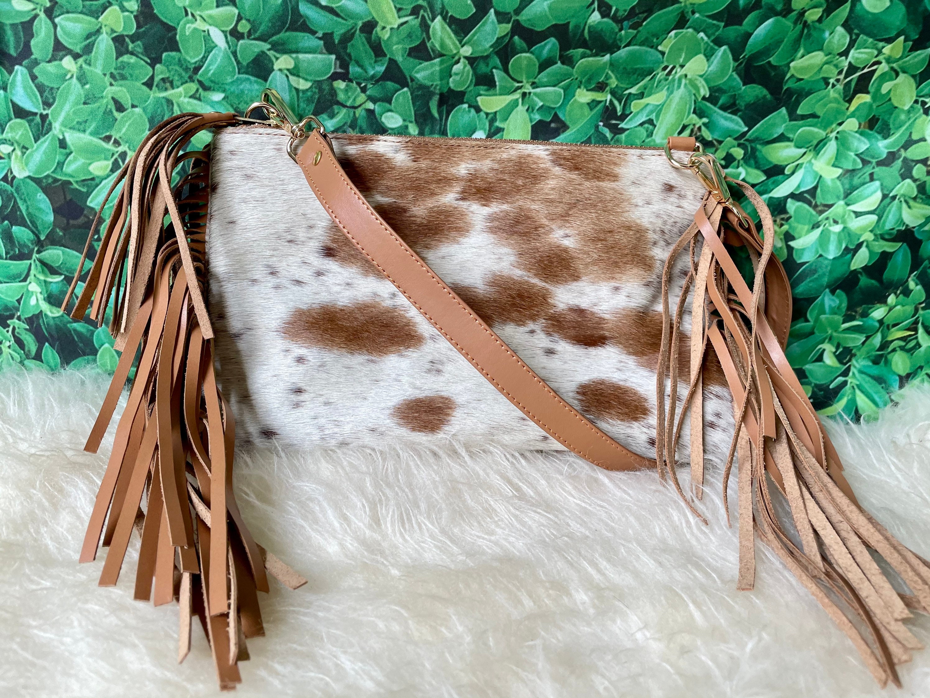 Brown Cowhide Crossbody Purse Wristlet with Fringe Handbag Etsy