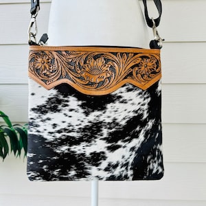 Cowhide Crossbody Purse Tooled Leather Messenger Bag Western Handbag Black Brown | Gifts for Her