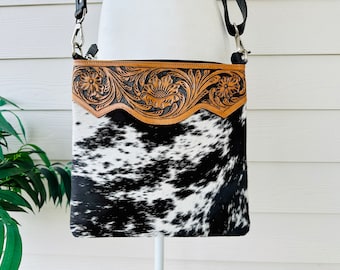 Cowhide Crossbody Purse Tooled Leather Messenger Bag Western Handbag Black Brown | Gifts for Her