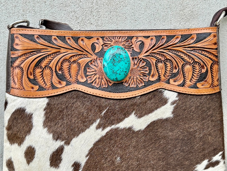 Western Cowhide Crossbody Bag Tooled Leather and Turquoise Carry Purse