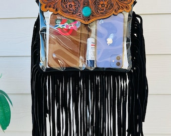 Sac à bandoulière transparent western avec franges et pierre turquoise - Porte-monnaie Rodeo Concert