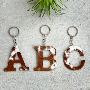 Cowhide Leather Keychain Cow Print Alphabet Letter Name Initial Key Chain Key Ring Monogram Western Gifts