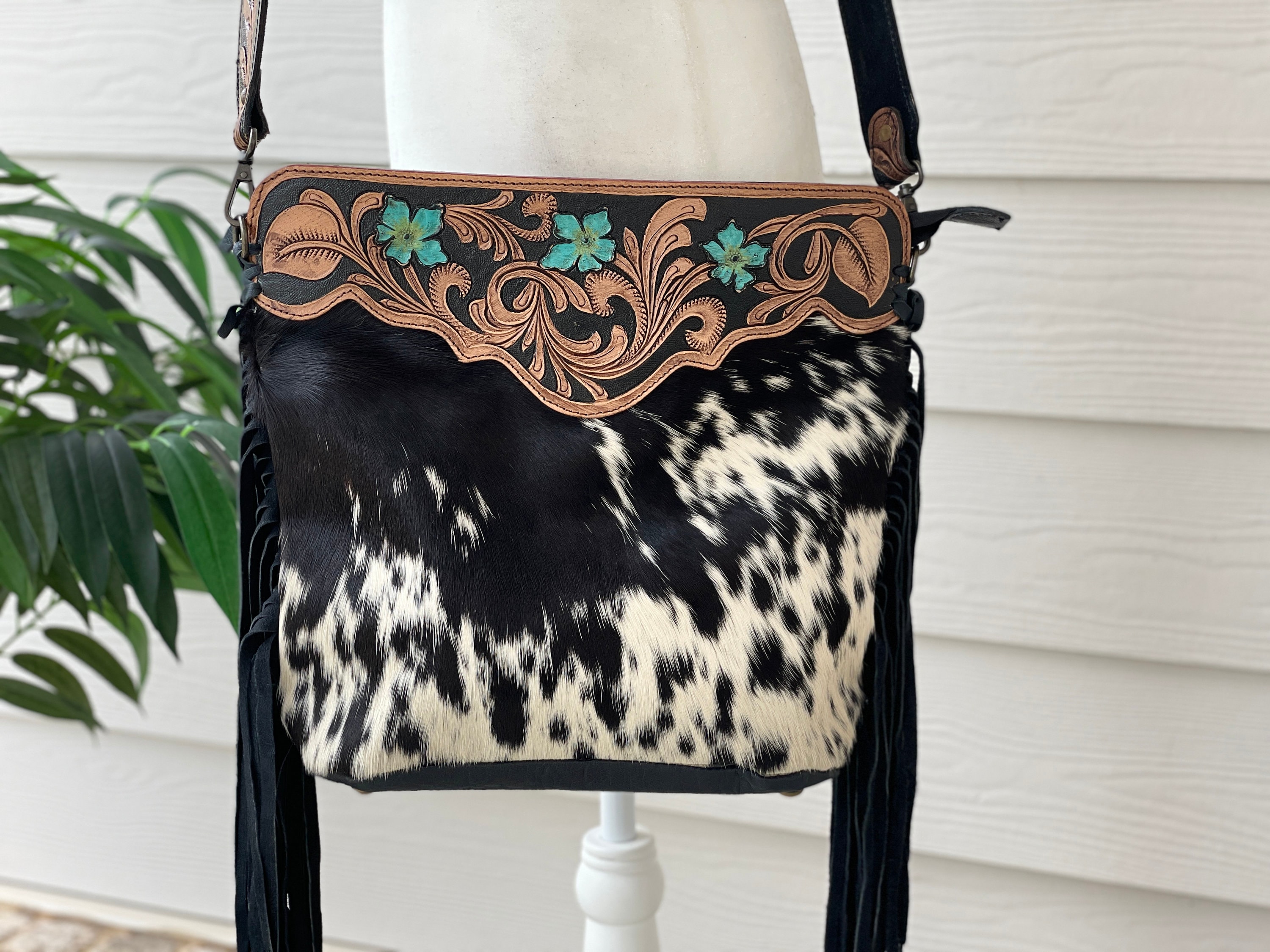 NEW Cowgirl Western Cow Print Neoprene Brown Turquoise Crossbody Purse Bag