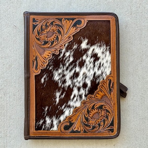 Real Hair on Cowhide Hand Tooled Leather Folio Case Portfolio Organizer in Dark Brown Western Corporate Gifts