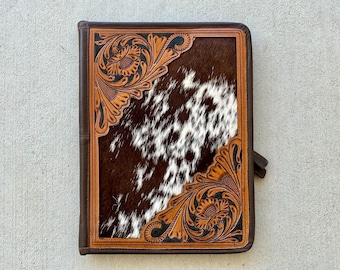Real Cowhide Legal Size Hand Tooled Leather Padfolio Folio Case Portfolio Binder Document Business Organizer in Brown Western Gifts