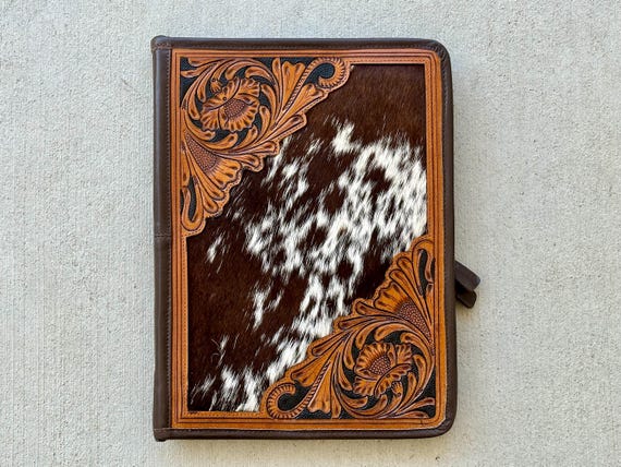 Hand-Tooled Cowhide Leather Portfolio Padfolio Western Business Organizer Gift
