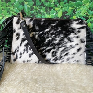 Genuine Cowhide Crossbody Bag Purse with Fringe Western Handbag Black Leather Clutch Bag Women | Gift Ideas for Her