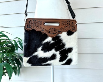 Cowhide Crossbody Purse Western Leather Handbag Shoulder Bag Messenger Gifts Black Tan