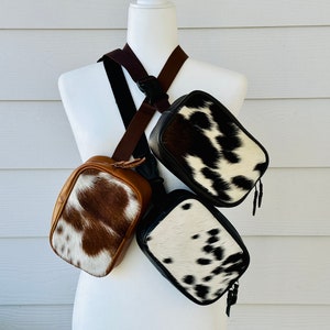 Cowhide Leather Fanny Pack Sling Bag Crossbody Belt Bag Bum Bag Real Cow Hide Print | Gifts for her