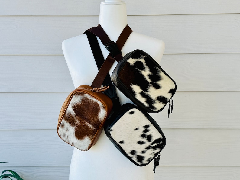 Cowhide Leather Fanny Pack Sling Bag Crossbody Belt Bag Bum Bag Real Cow Hide Print | Gifts for her
