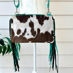 Cowhide Crossbody Purse: Turquoise Embossed Leather Rodeo Bag with Fringes