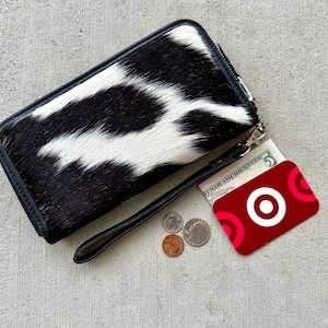 Carteira de couro de vaca para mulheres, bolsa de couro preta com zíper, bolsa clutch, bolsa de pulso, estojo para cartão - presentes de cowgirl - carteiras de rodeio