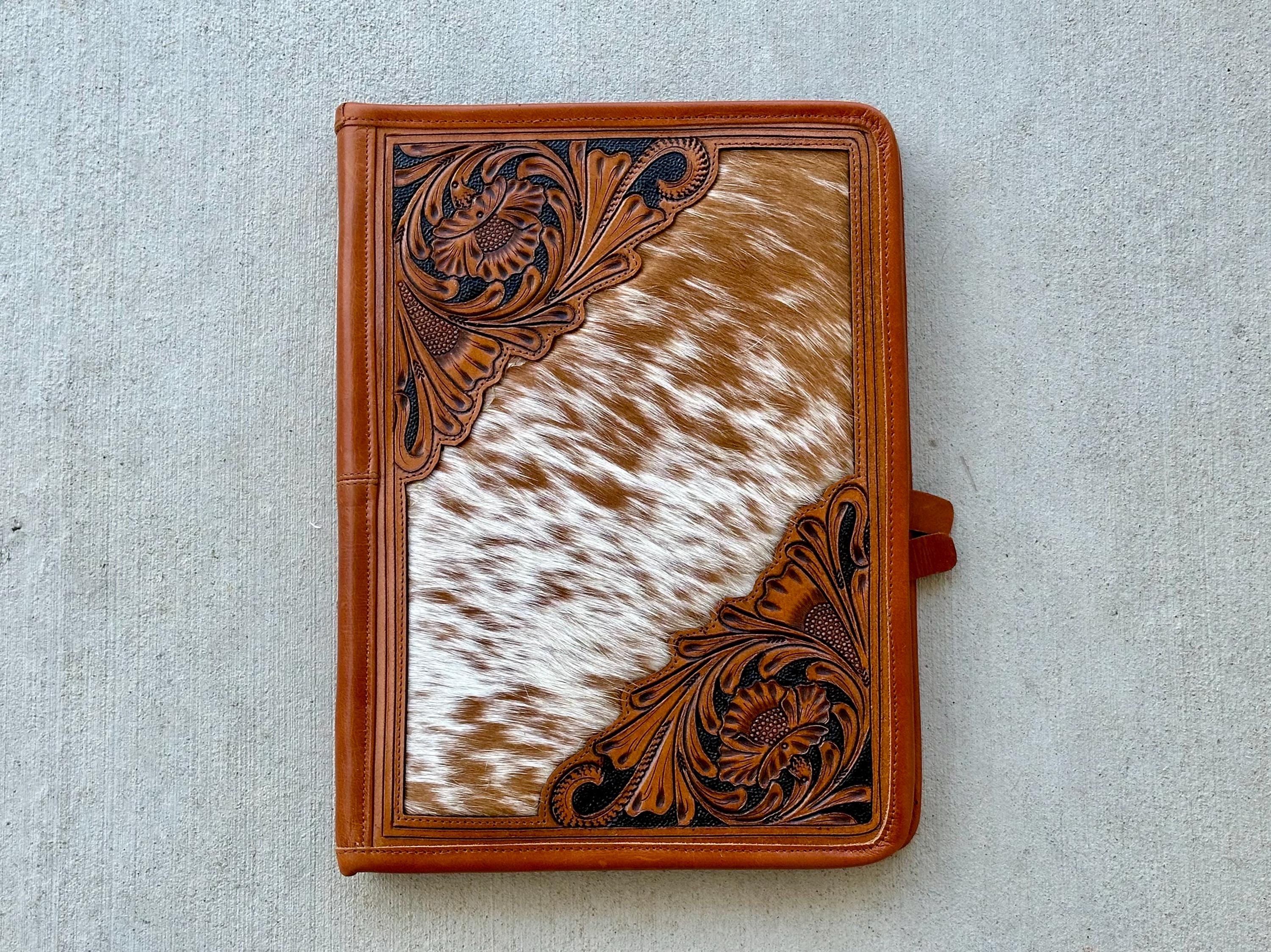 Real Hair on Cowhide Hand Tooled Leather Padfolio Folio Case Portfolio Binder Legal Pad Document Business Organizer in Tan Western Gifts