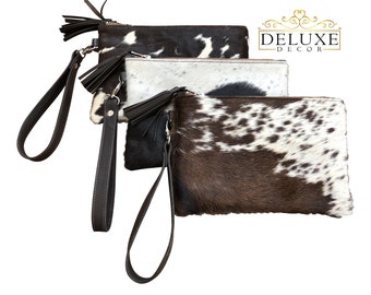 Real Cowhide Wristlet Wallet  Clutch Purse Western Handbag Dark Brown Leather Gift Ideas for Her