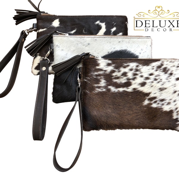 Real Cowhide Wristlet Wallet  Clutch Purse Western Handbag Dark Brown Leather Gift Ideas for Her