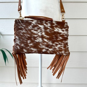 Cowhide Leather Crossbody Western Purse Bag with Fringes Clutch Brown Tan | Gifts for Her