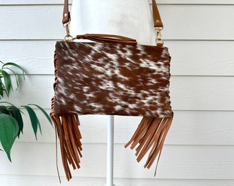 Bolso de bolso occidental crossbody de cuero de cuero con flecos clutch marrón bronceado / regalos para ella