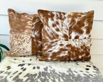 Set kussenslopen van koeienhuid: bruinbruin met haar op de huid, westers decor (16 x 16 inch)