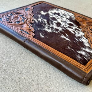 Real Hair on Cowhide Hand Tooled Leather Folio Case Portfolio Organizer in Dark Brown Western Corporate Gifts