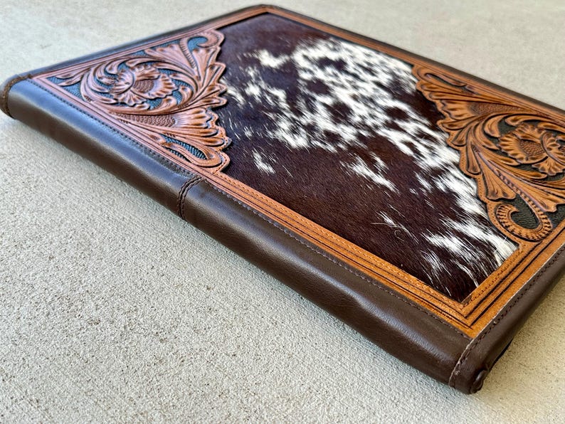Real Hair on Cowhide Hand Tooled Leather Folio Case Portfolio Organizer in Dark Brown Western Corporate Gifts