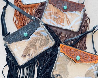 Clear Western Crossbody Bag with Fringes and Turquoise Stone – Rodeo Concert Purse