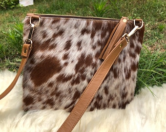 Real Cowhide Crossbody Purse Brown Tan Leather Western Bag Wristlet Handbag Clutch | Gifts for her