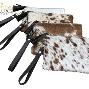 Cartera de mano tipo sobre de piel de vaca auténtica, de piel de vaca auténtica, con forro de piel marrón y blanca, de doble cara, 8,5 x 5,5 pulgadas