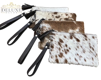 Real Cowhide Wristlet Clutch Purse Wallet Handbag Brown White Leather Lined Double Sided 8.5"x5.5"