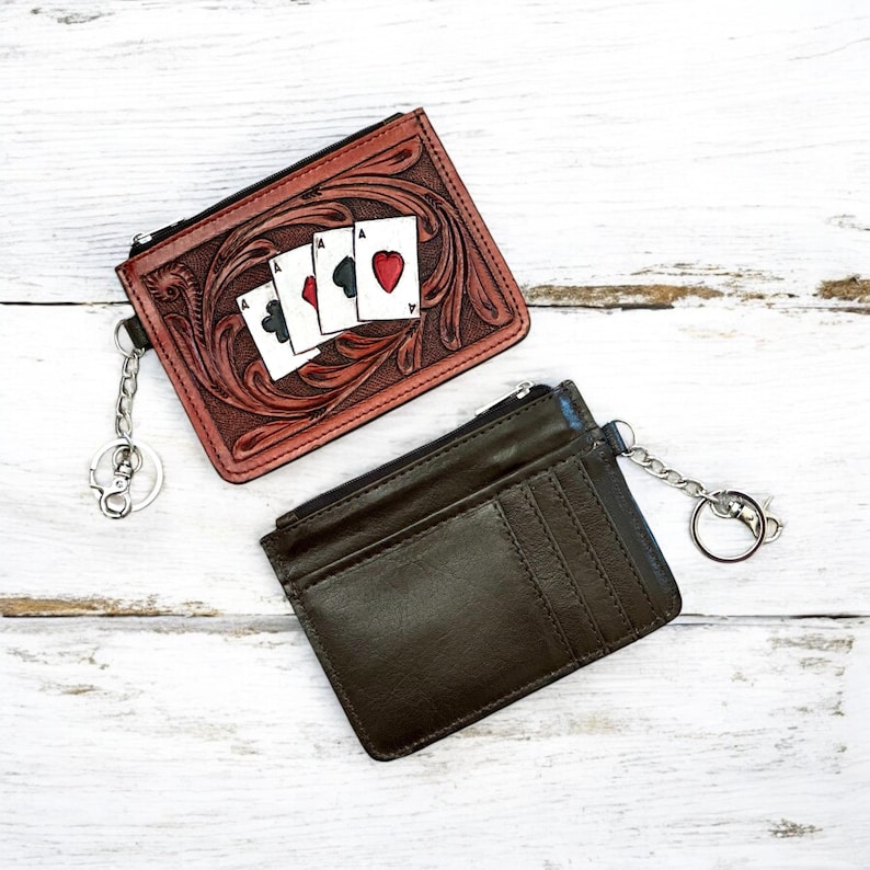Western Tooled Leather Wallet Aces Credit Card Holder Case Change Coin Purse Keychain Gifts for Her