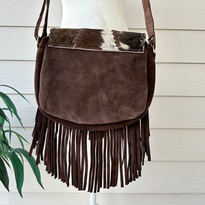 Cowhide Crossbody Bag with Fringes Western Purse Turquoise Handbag Clutch Brown Leather | Real Hair on Cow Hide | Gifts for Her