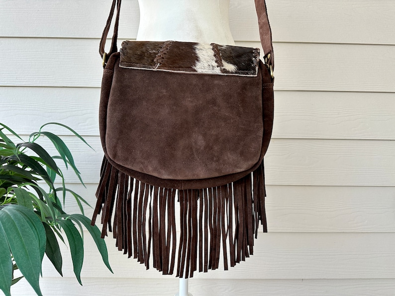 Cowhide Crossbody Bag with Fringes Western Purse Turquoise Handbag Clutch Brown Leather | Real Hair on Cow Hide | Gifts for Her