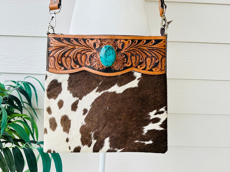 Western Cowhide Crossbody Bag Tooled Leather and Turquoise Carry Purse