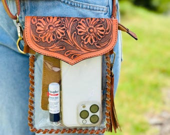 Tooled Leather Clear Crossbody Bag: Western Rodeo Concert Purse
