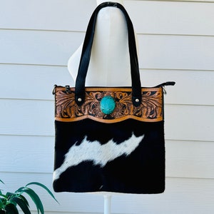 Rindsleder Punziert Leder Türkis Tote Schultertasche Rodeo Western Crossbody Geldbörse Schwarz Weiß Cowgirl Geschenke
